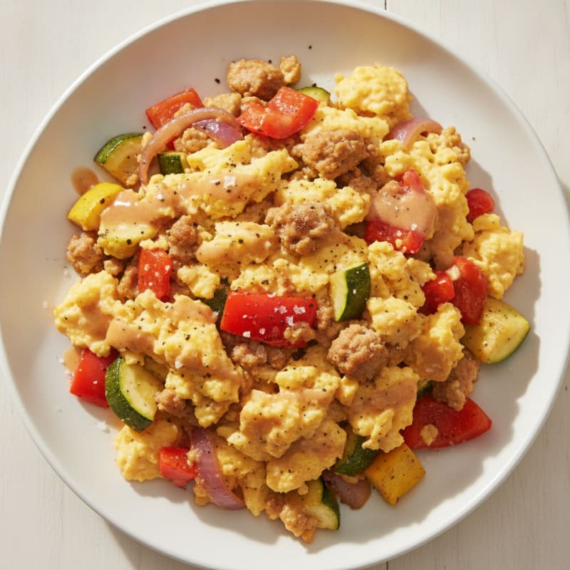 Hearty Scrambled Eggs with Roasted Vegetables