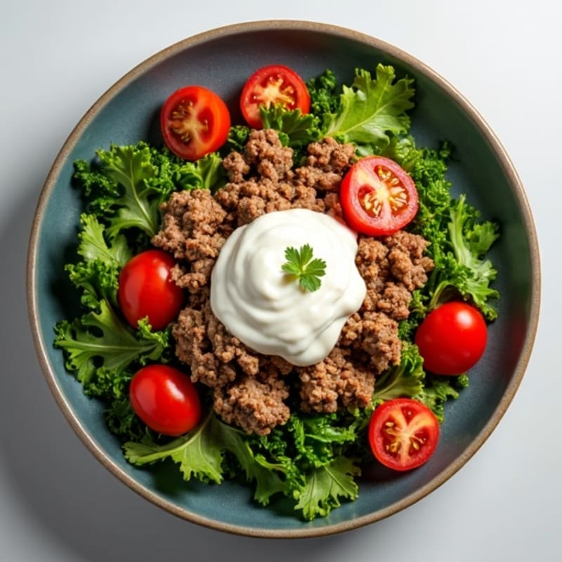 Lean Ground Beef Crumble Bowl with Crispy Greens and Creamy Tangy Dressing