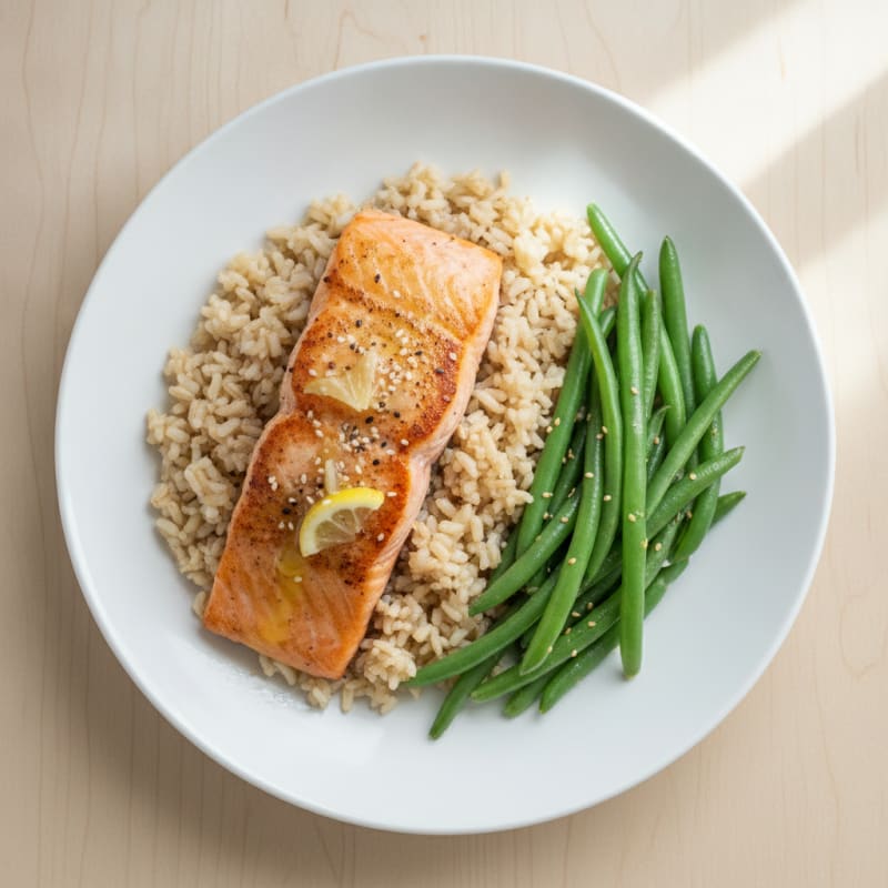 Seared Salmon Fillet with Steamed Green Beans and Brown Rice