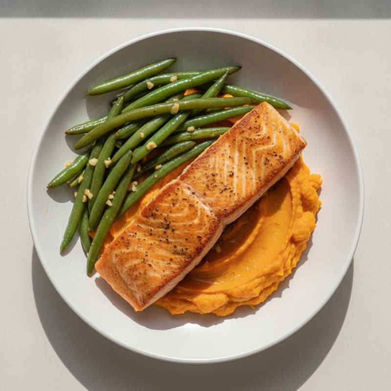 Seared Salmon with Garlic Green Beans and Sweet Potato Mash