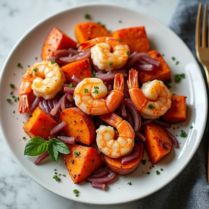 Sheet Pan Shrimp with Roasted Sweet Potatoes and Red Onion