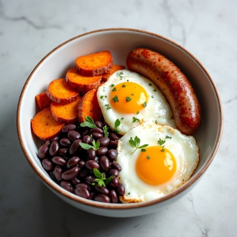Hearty Breakfast Bowl with Crispy Sweet Potatoes, Black Beans, and Sunny-Side Up Eggs