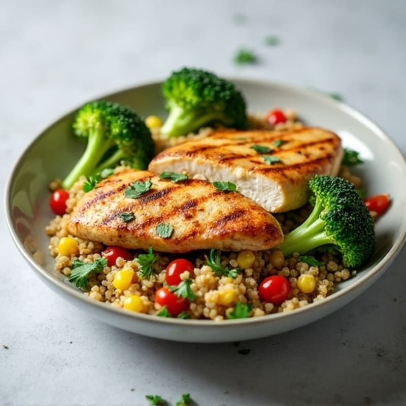 Grilled Chicken Breast and Quinoa Salad with Roasted Broccoli