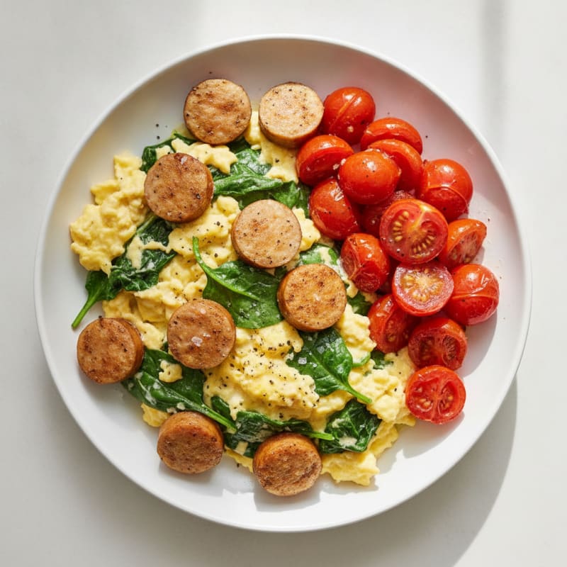 Creamy Scrambled Eggs with Sautéed Spinach and Chicken Sausage