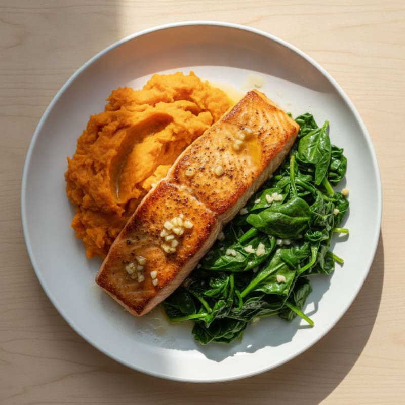 Seared Salmon with Garlic Spinach and Mashed Sweet Potatoes