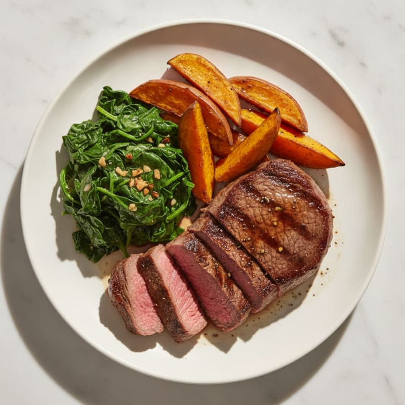 Grilled Beef Steak with Sautéed Spinach and Roasted Sweet Potatoes