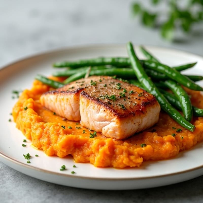 Seared Salmon with Garlic Green Beans and Sweet Potato Mash