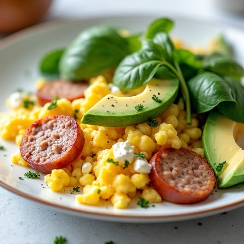 Egg White and Turkey Sausage Scramble with Cottage Cheese and Spinach