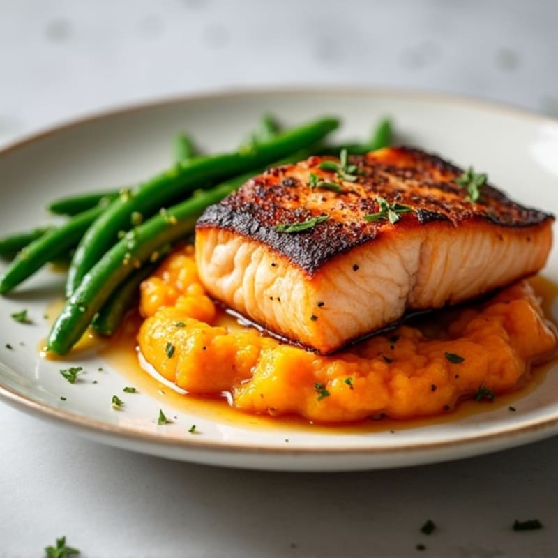 Seared Salmon with Garlic Green Beans and Sweet Potato Mash