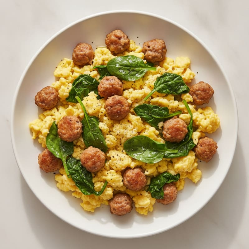 Scrambled Eggs with Turkey Sausage and Spinach