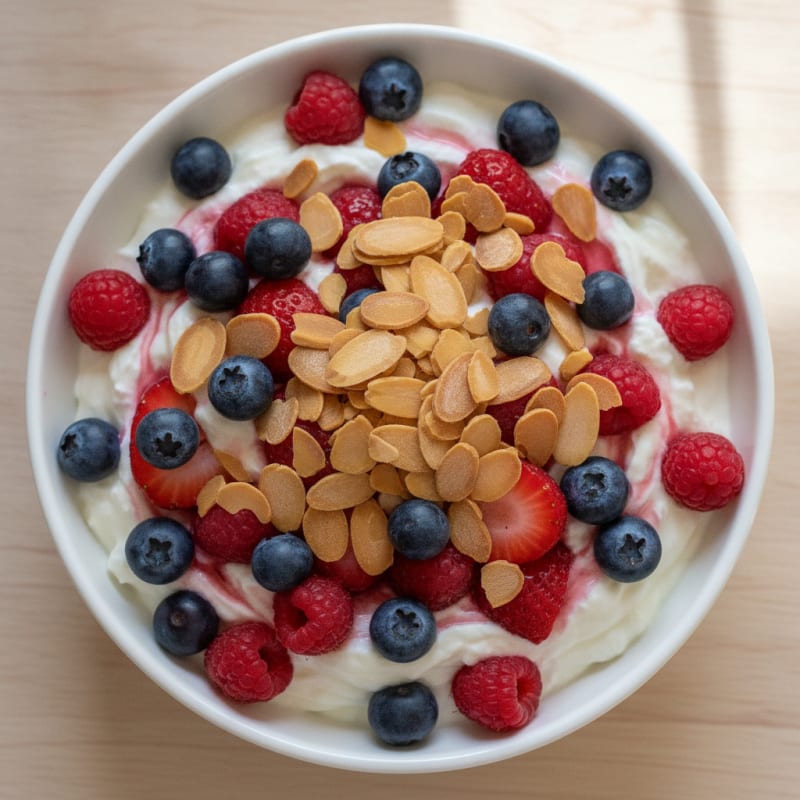 Greek Yogurt Protein Parfait with Mixed Berries and Almonds