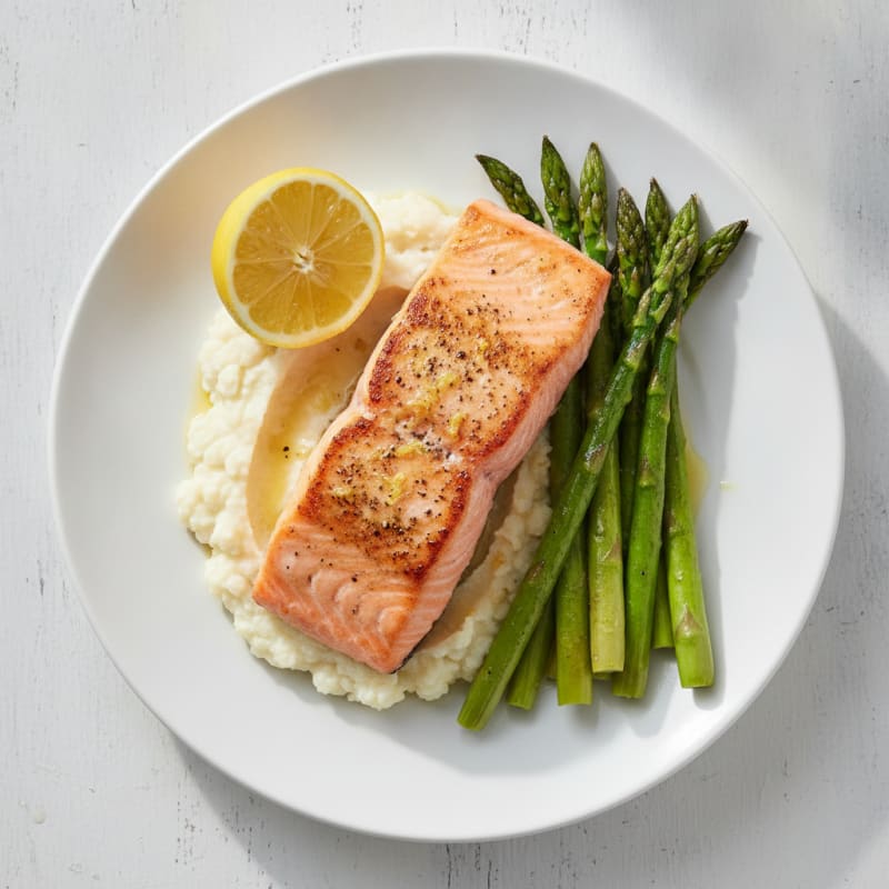 Seared Salmon Fillet with Roasted Asparagus and Cauliflower Mash