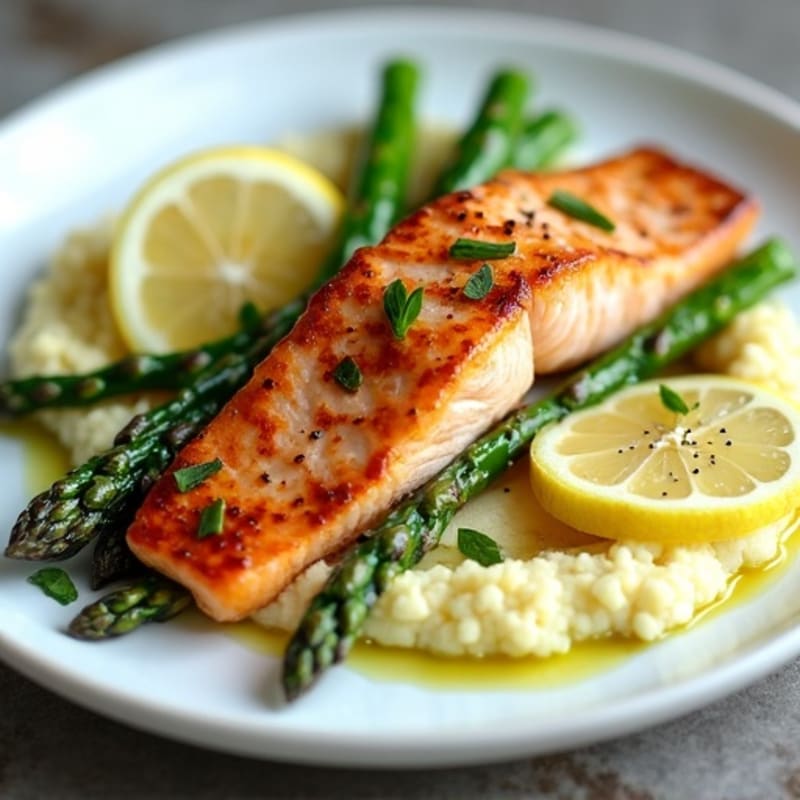 Seared Salmon with Roasted Asparagus and Cauliflower Mash