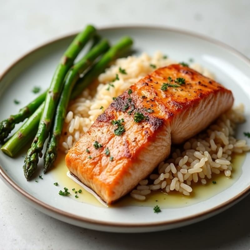 Seared Salmon with Steamed Asparagus and Brown Rice