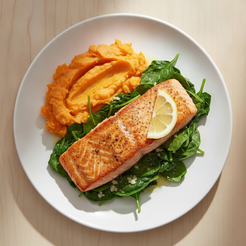Seared Salmon with Garlic Spinach and Mashed Sweet Potato