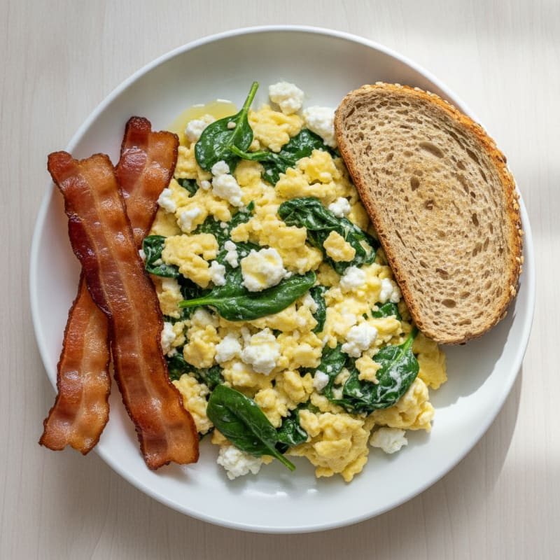 Cottage Cheese Egg Scramble with Spinach and Turkey Bacon