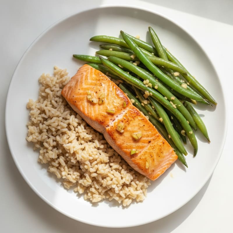 Seared Salmon with Garlic Green Beans and Brown Rice