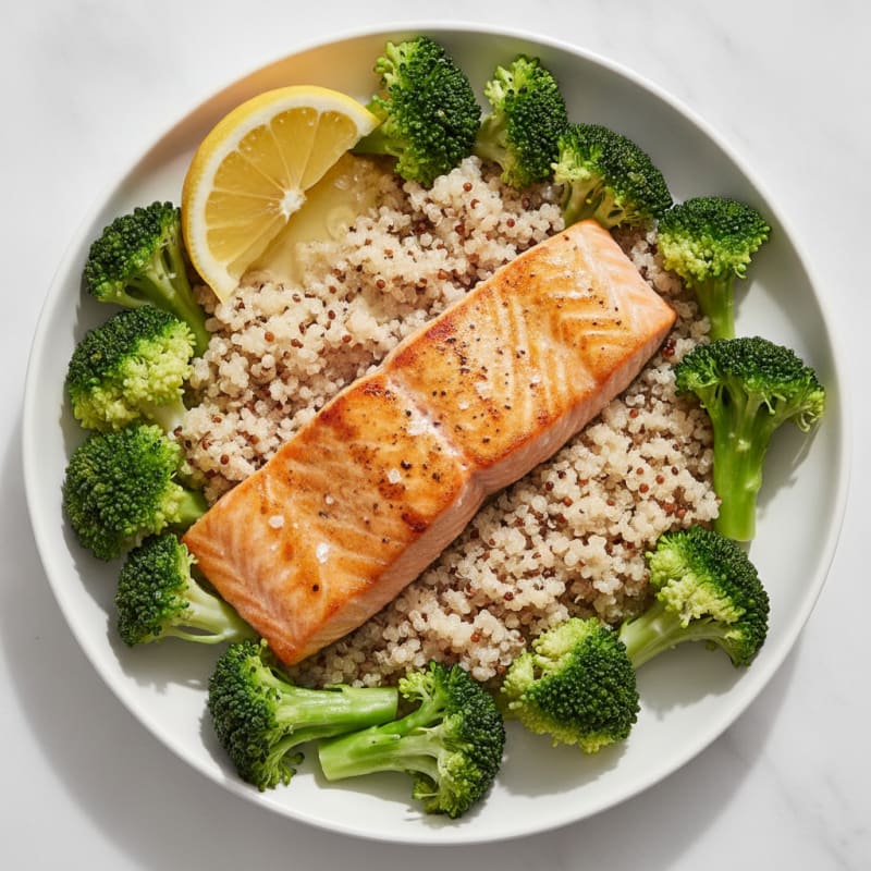 Seared Salmon with Steamed Broccoli and Quinoa