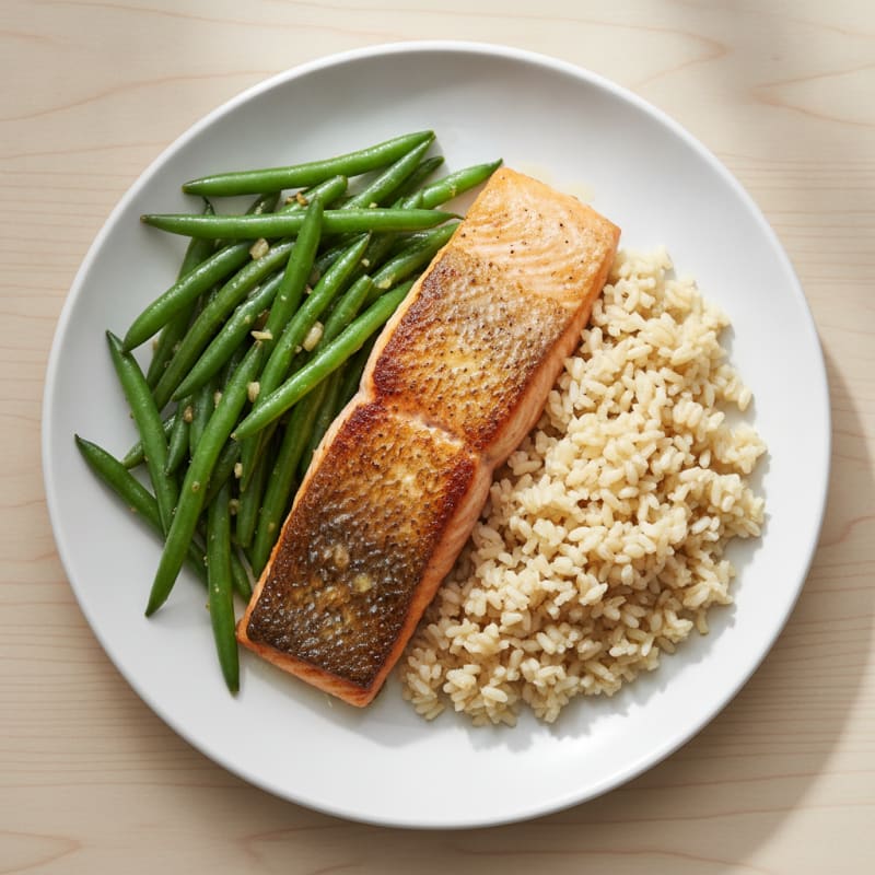 Seared Salmon Fillet with Garlic Green Beans and Steamed Brown Rice