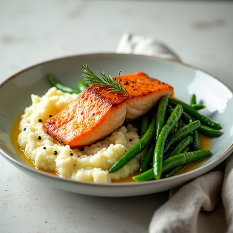 Seared Salmon with Steamed Green Beans and Garlic Mashed Cauliflower
