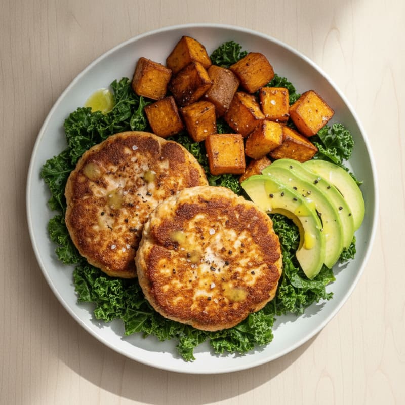 Jerk Salmon Burger Bowl with Roasted Sweet Potatoes