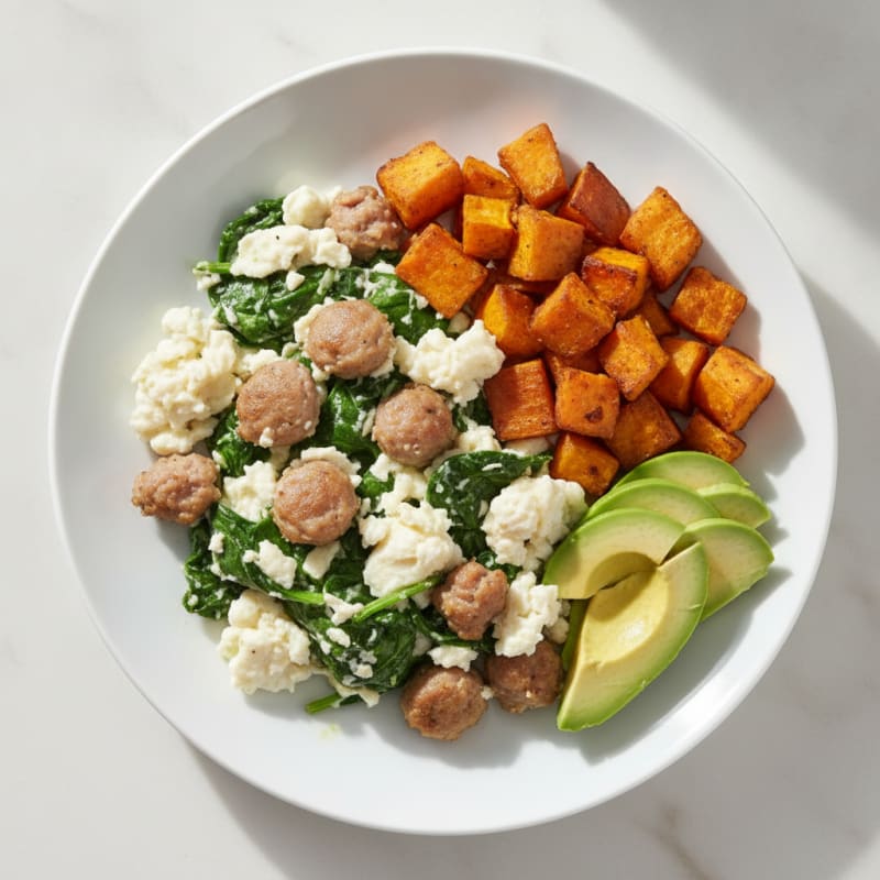 Egg White and Turkey Sausage Scramble with Spinach and Roasted Sweet Potatoes