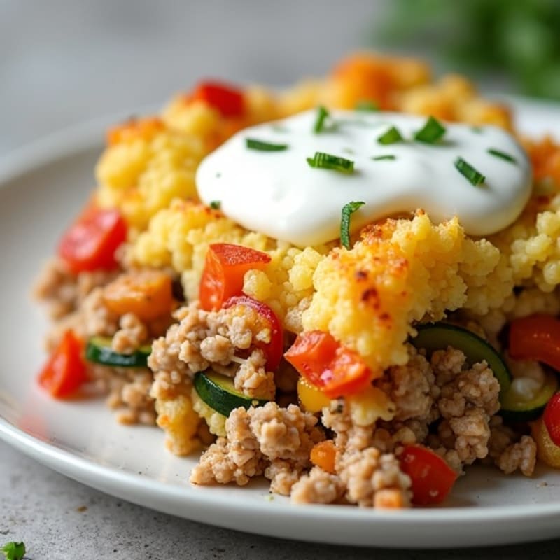 Lean Ground Turkey and Vegetable Bake with Creamy Cauliflower Topping