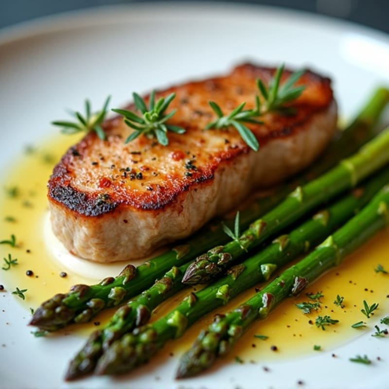 Pan-Seared Pork Steak with Garlic Herb Roasted Asparagus