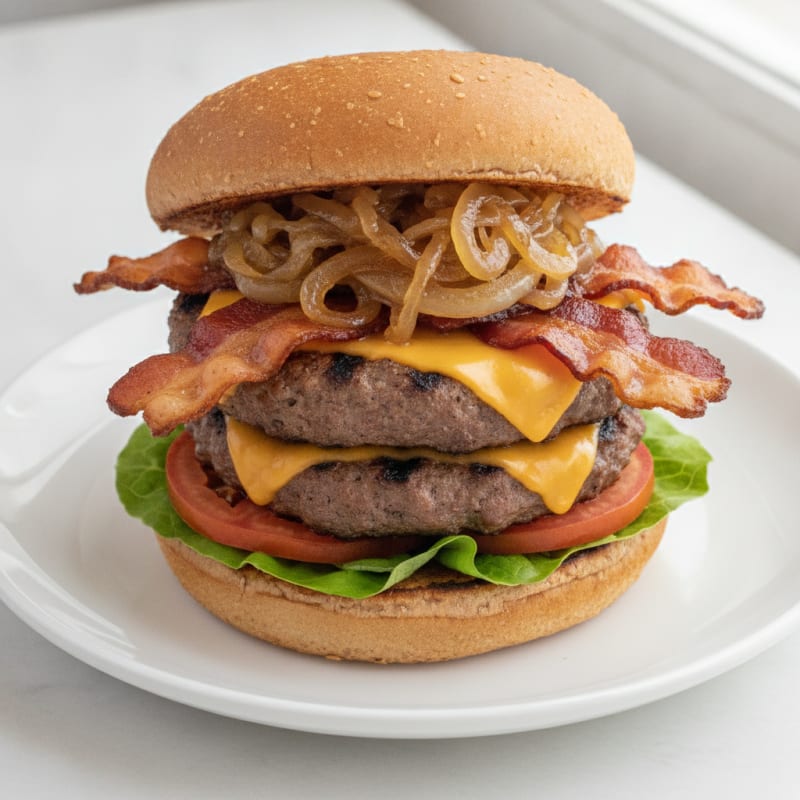 Double Bacon Cheeseburger with Caramelized Onions