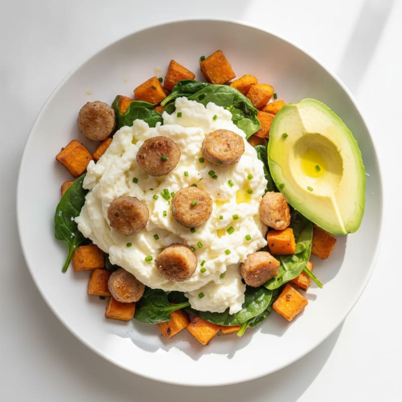 Crispy Turkey Sausage and Egg White Scramble with Roasted Sweet Potatoes