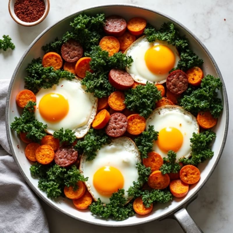 Sheet Pan Roasted Eggs with Crispy Sweet Potatoes and Greens
