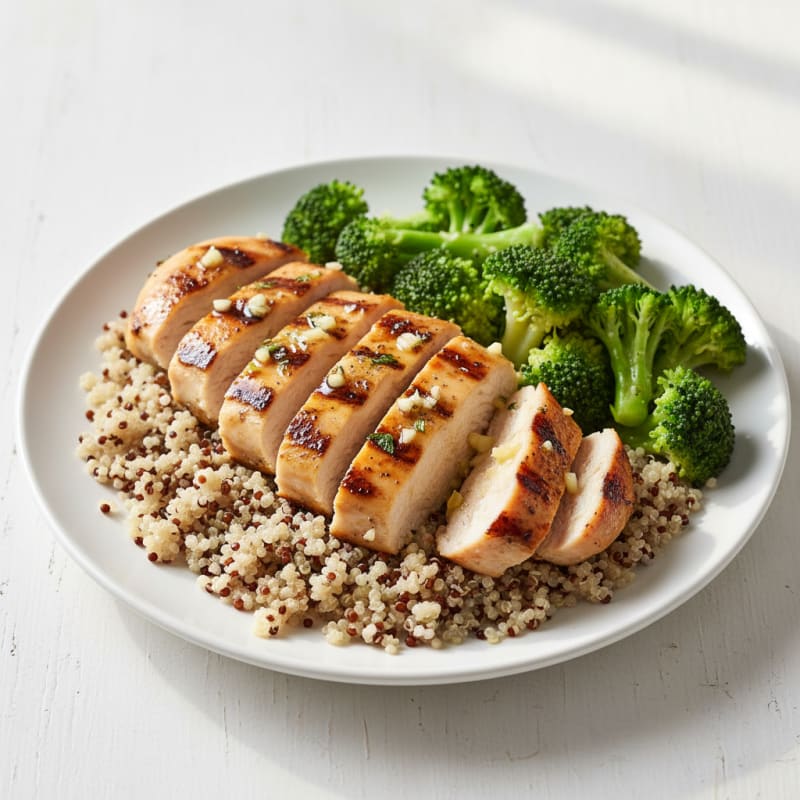 Grilled Lemon Garlic Chicken Breast with Quinoa and Steamed Broccoli