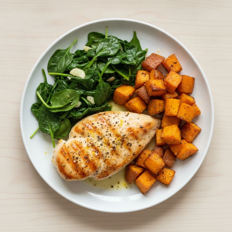 Grilled Lemon-Herb Chicken with Roasted Sweet Potatoes and Sautéed Spinach