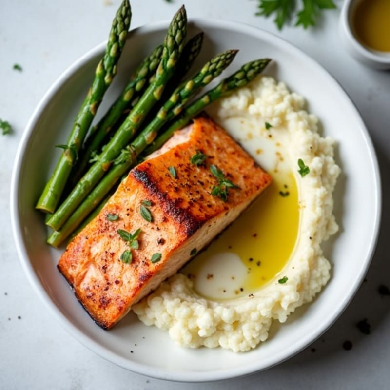 Seared Salmon with Roasted Asparagus and Cauliflower Mash