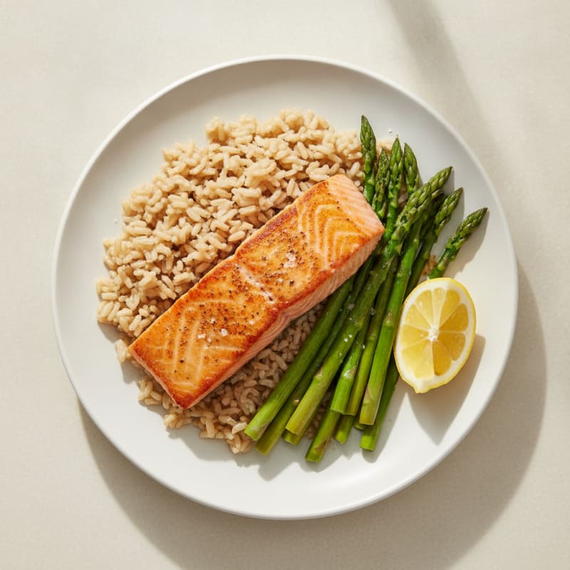 Seared Salmon with Steamed Asparagus and Brown Rice