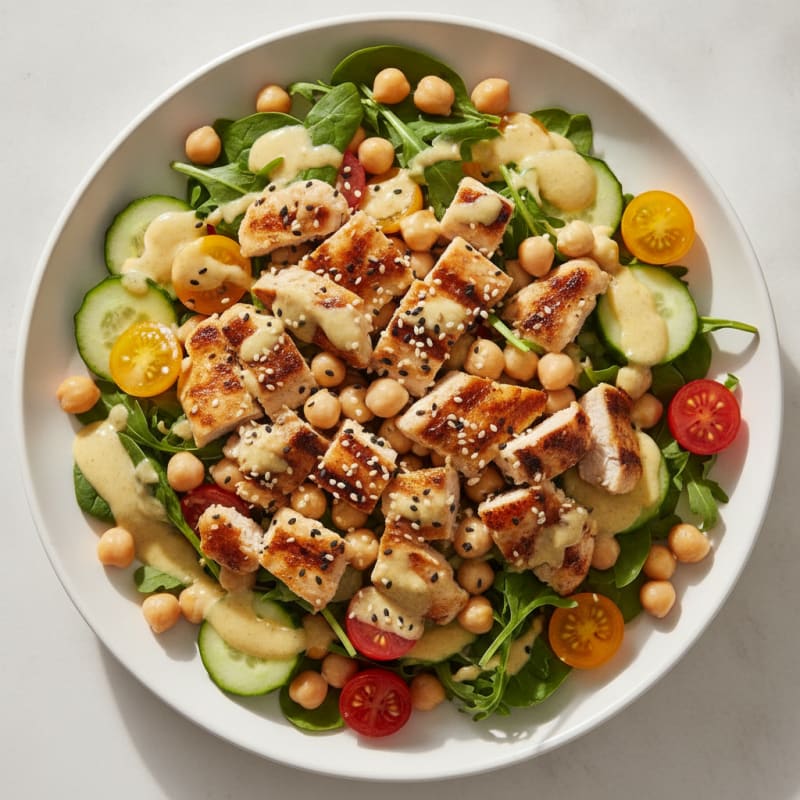Grilled Chicken Salad with Chickpeas and Lemon Tahini Dressing