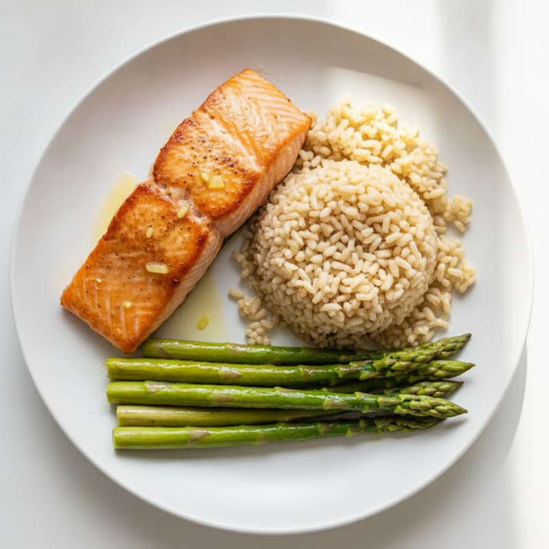 Seared Salmon with Steamed Asparagus and Brown Rice