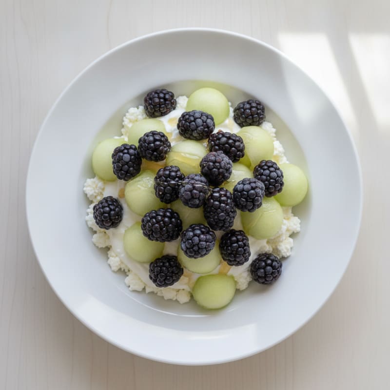 Cottage Cheese and Greek Yogurt Parfait with Blackberries and Honeydew Melon