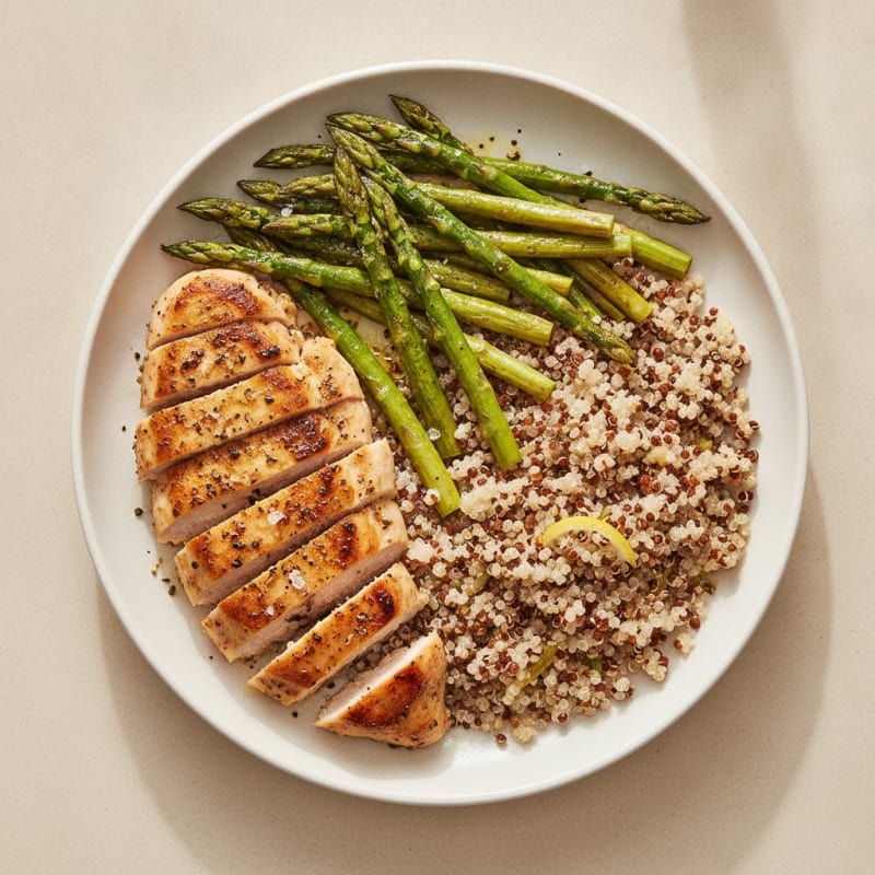 Pan-Seared Chicken with Roasted Asparagus & Quinoa