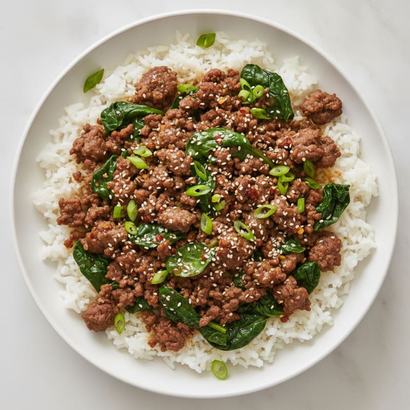 Sesame Beef and Spinach Rice Bowl