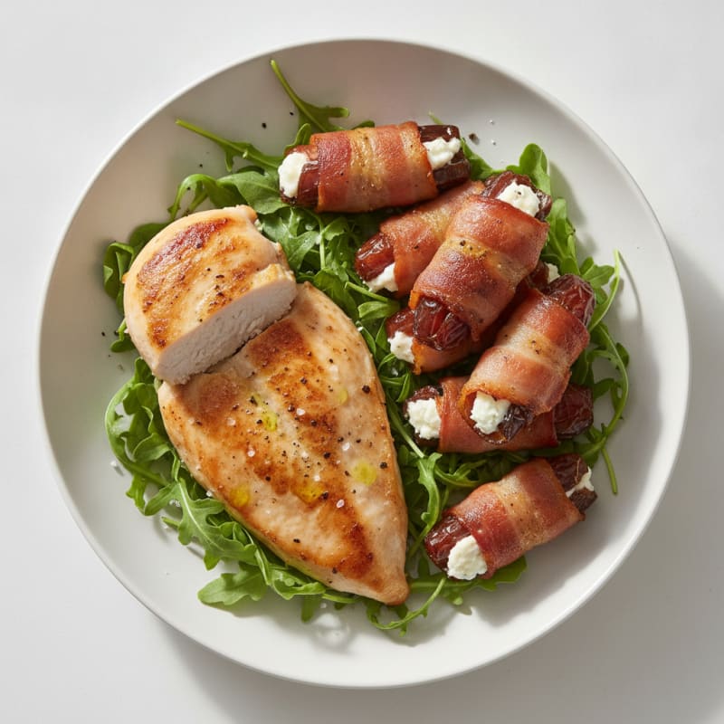 Bacon-Wrapped Dates with Goat Cheese and Pan-Seared Chicken