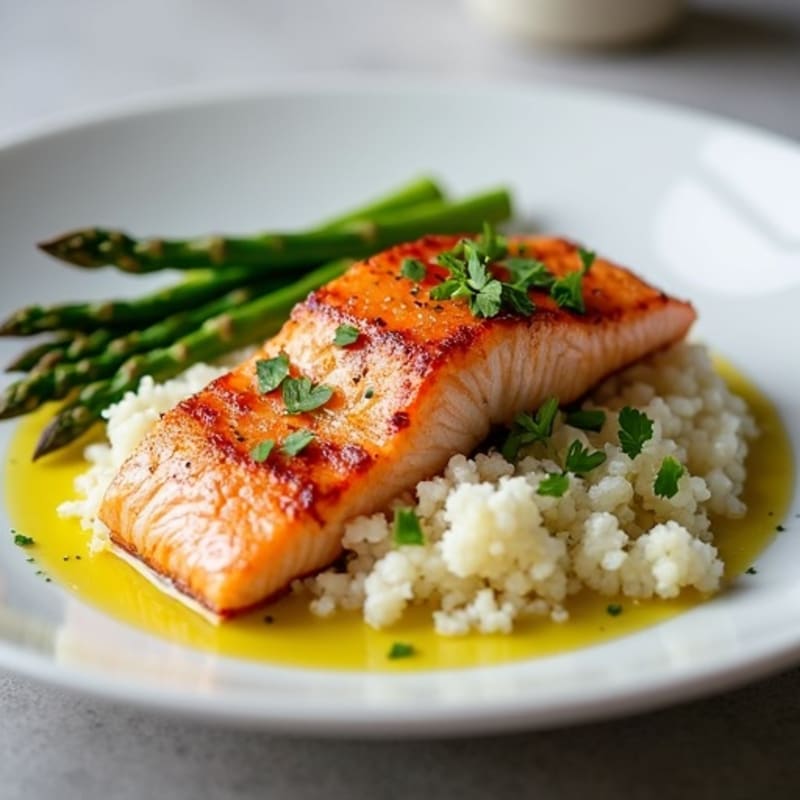 Seared Salmon with Steamed Asparagus and Cauliflower Rice