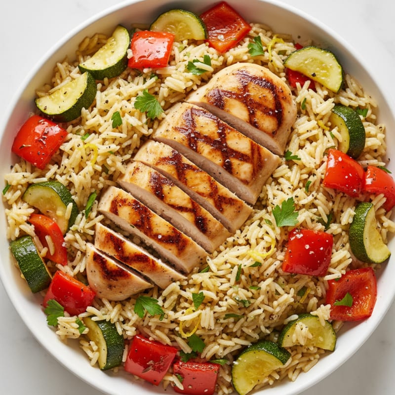 Lemon Herb Rice Pilaf with Roasted Vegetables and Grilled Chicken