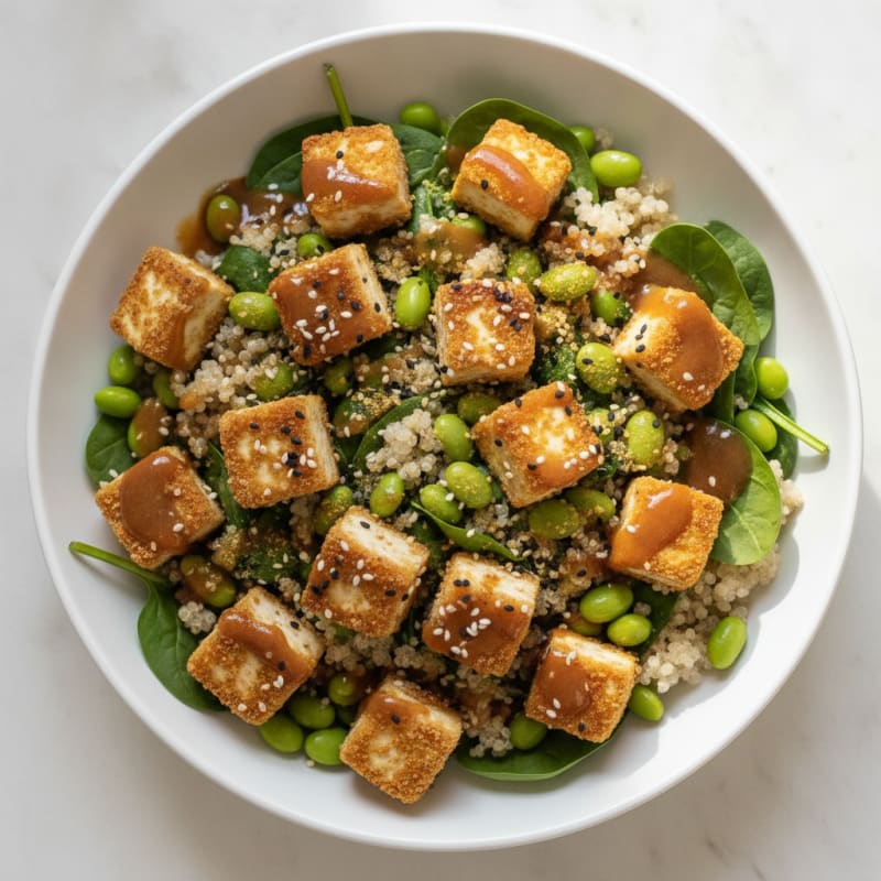 Crispy Tofu and Edamame Power Bowl with Quinoa