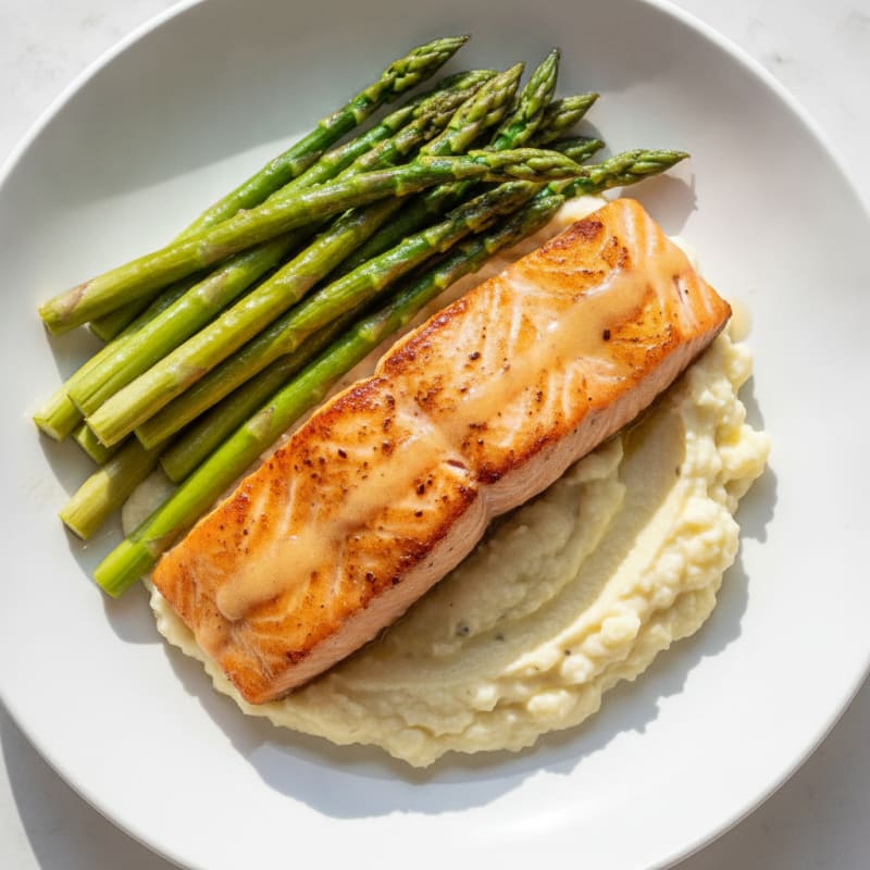 Seared Salmon with Steamed Asparagus and Cauliflower Mash