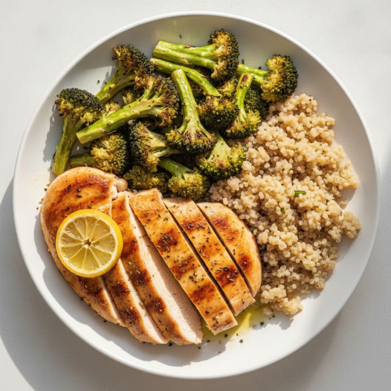 Grilled Chicken Breast with Roasted Broccoli and Quinoa