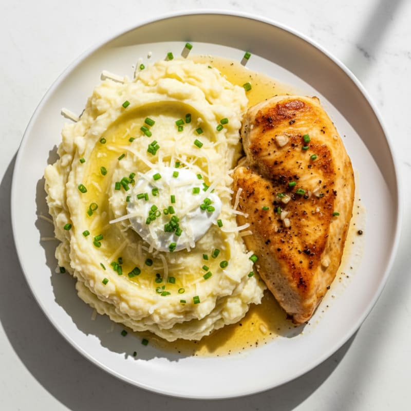 Garlic Parmesan Mashed Potatoes with Seared Chicken