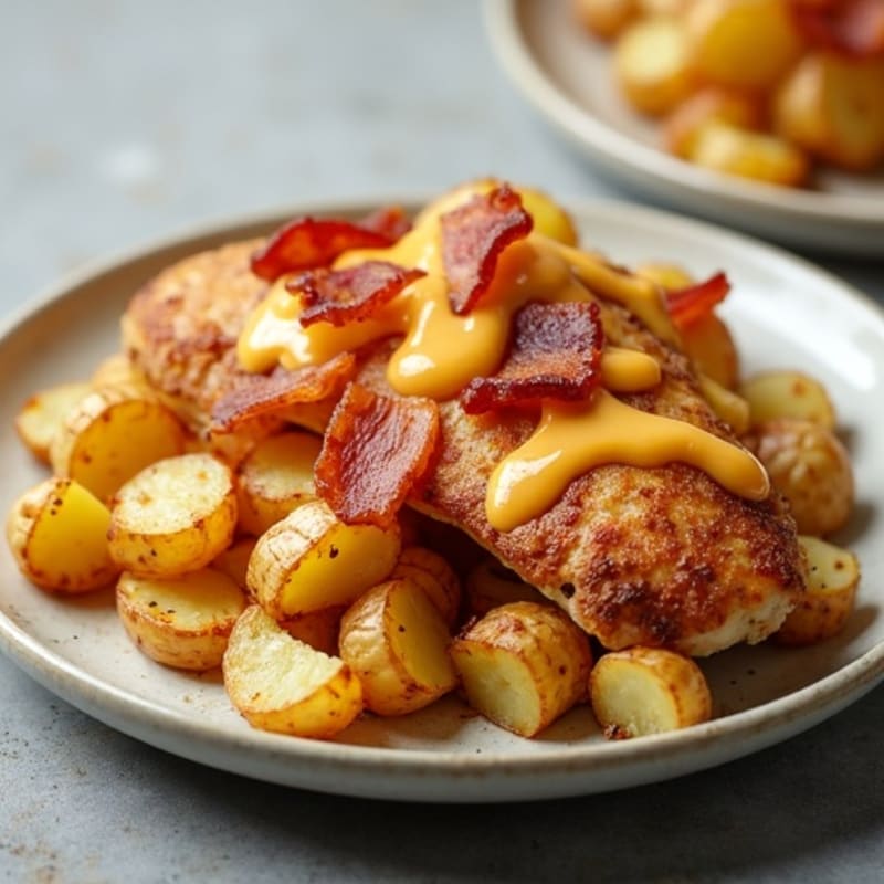 Crispy Roasted Potatoes with Smoky Bacon and Creamy Cheese Sauce (with Grilled Chicken Boost)