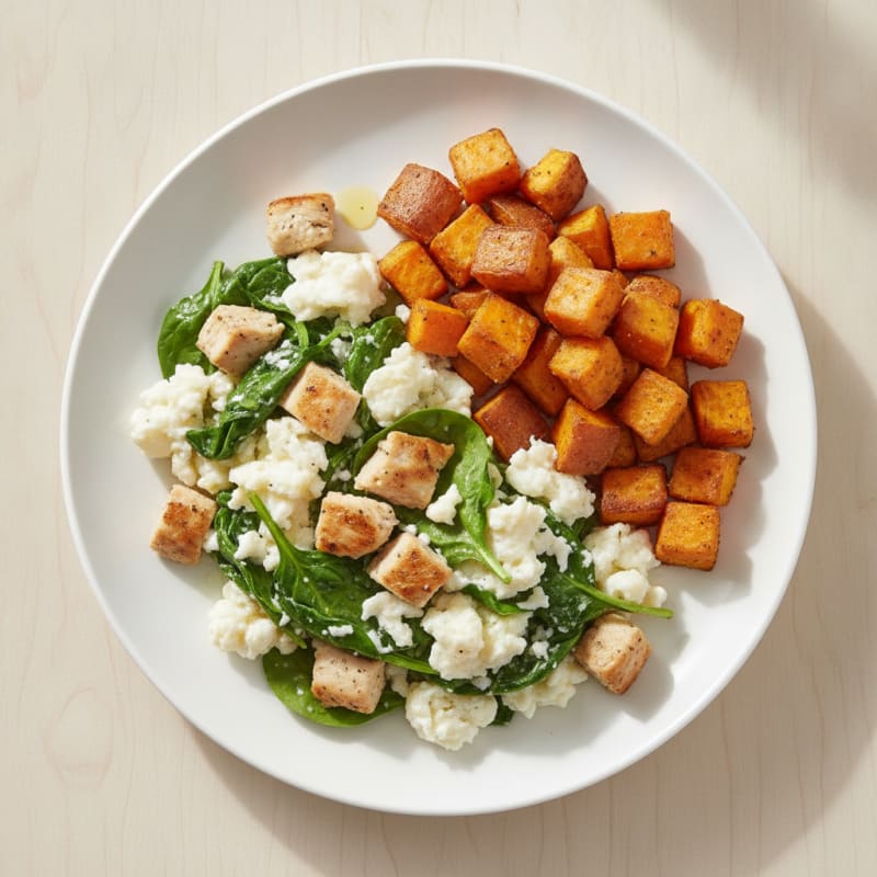 Chicken Spinach Egg White Scramble with Roasted Sweet Potatoes