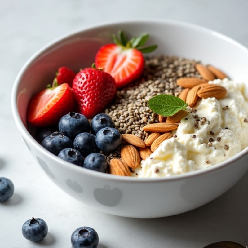 Protein-Packed Cottage Cheese Bowl with Fresh Berries, Crunchy Nuts, and Hemp Seeds